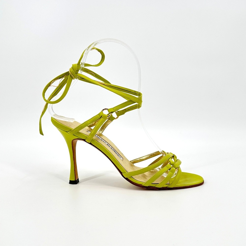 Manolo Blahnik Lime Green Leather Strappy Wrap Ankle Tie Heels Sandals 36.5